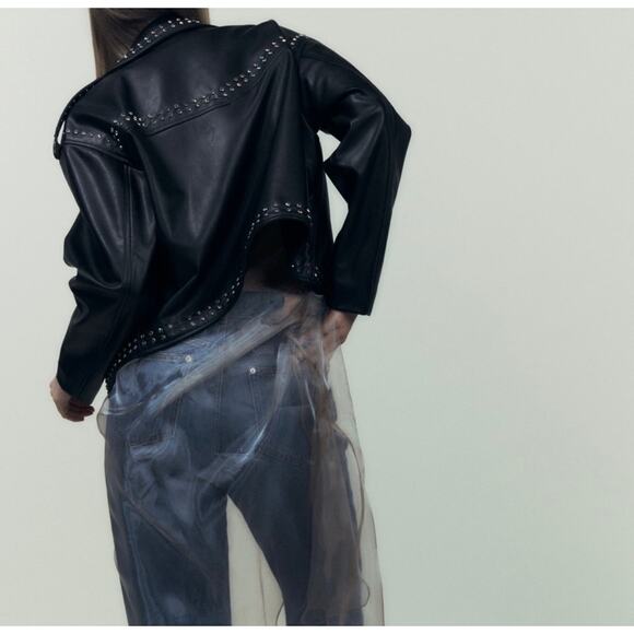 ZARA NWOT Black Faux Leather Rainbow Studded Rhinestone Biker Moto Jacket Medium - Picture 8 of 15